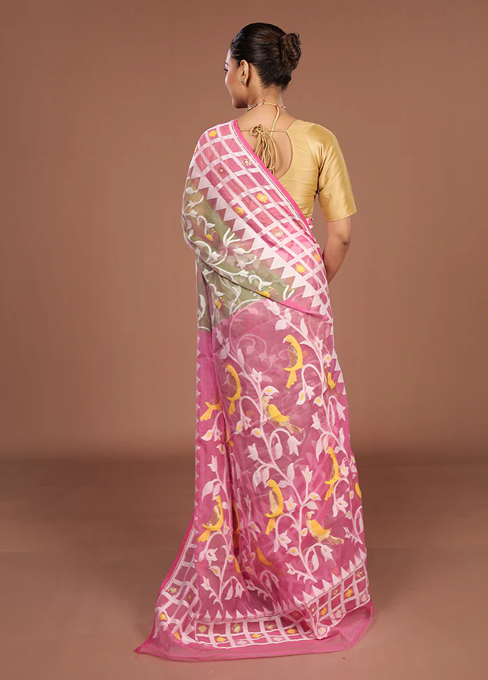Pink Jamdani Cotton Saree Without Blouse Piece - Image 3