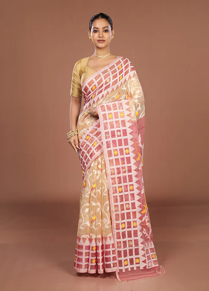 Pink Jamdani Cotton Saree Without Blouse Piece - Image 2