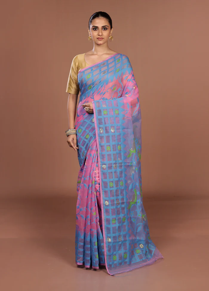 Pink Jamdani Cotton Saree Without Blouse Piece - Image 2