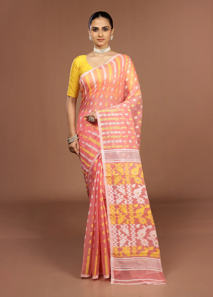 Pink Jamdani Cotton Saree Without Blouse Piece - Image 2
