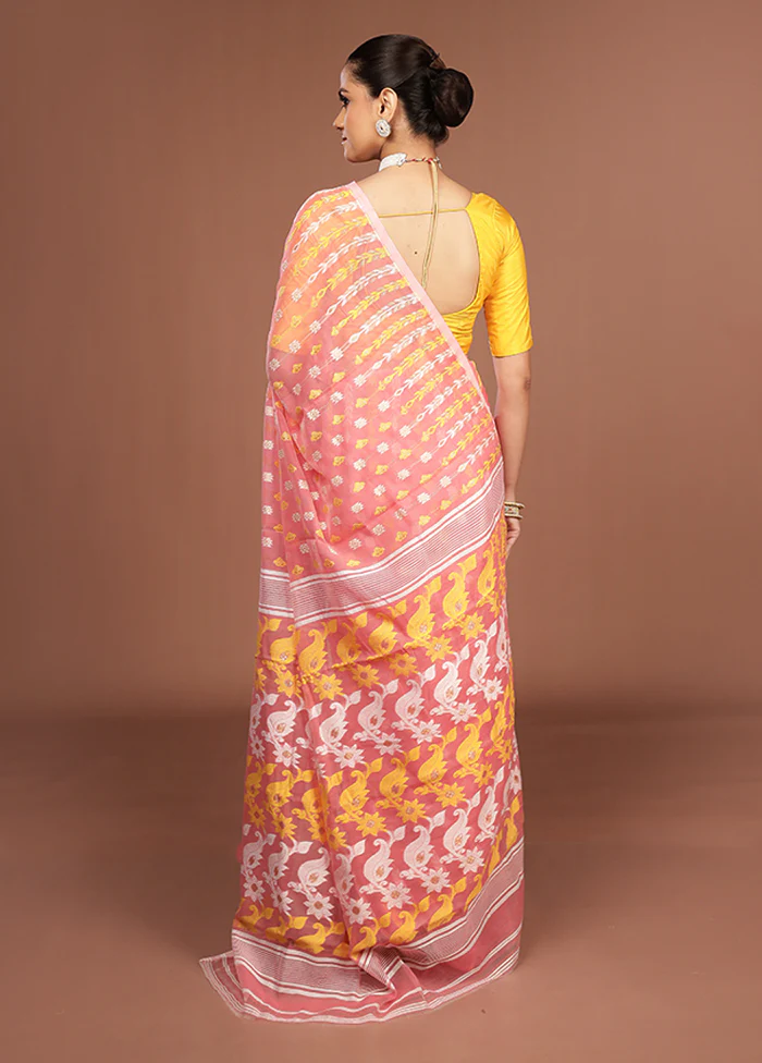 Pink Jamdani Cotton Saree Without Blouse Piece - Image 3