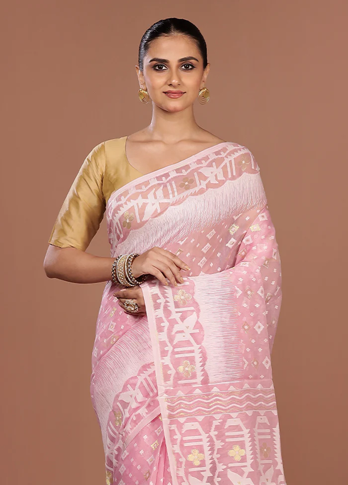 Pink Jamdani Cotton Saree Without Blouse Piece