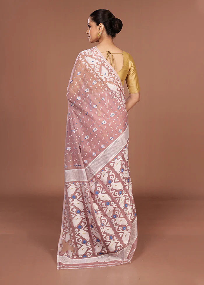 Pink Jamdani Cotton Saree Without Blouse Piece - Image 3