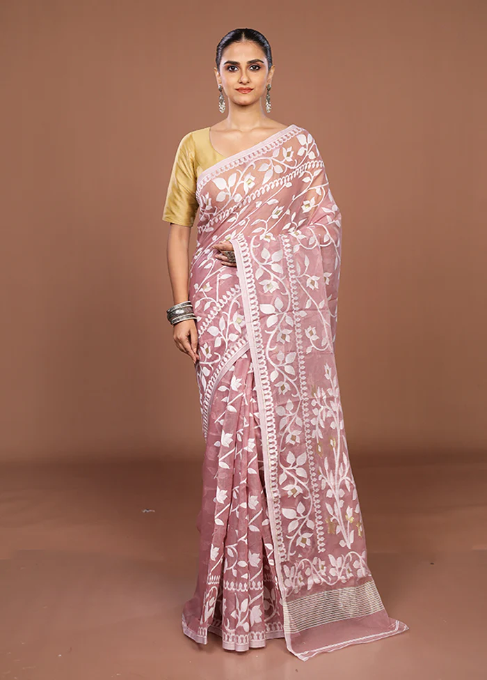 Pink Jamdani Cotton Saree Without Blouse Piece - Image 2