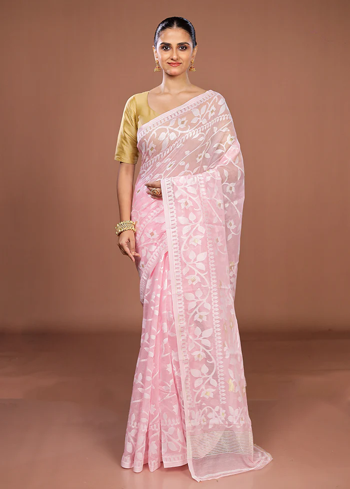 Pink Jamdani Cotton Saree Without Blouse Piece - Image 2