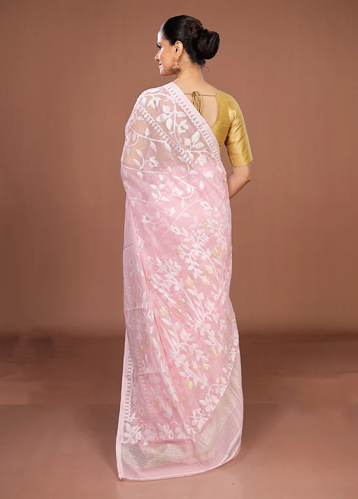 Pink Jamdani Cotton Saree Without Blouse Piece - Image 3