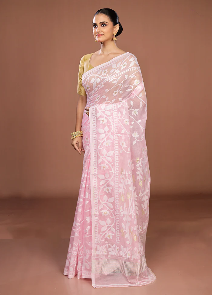 Pink Jamdani Cotton Saree Without Blouse Piece - Image 4
