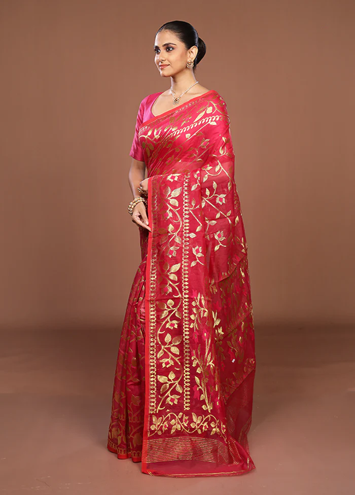 Pink Jamdani Cotton Saree Without Blouse Piece - Image 4