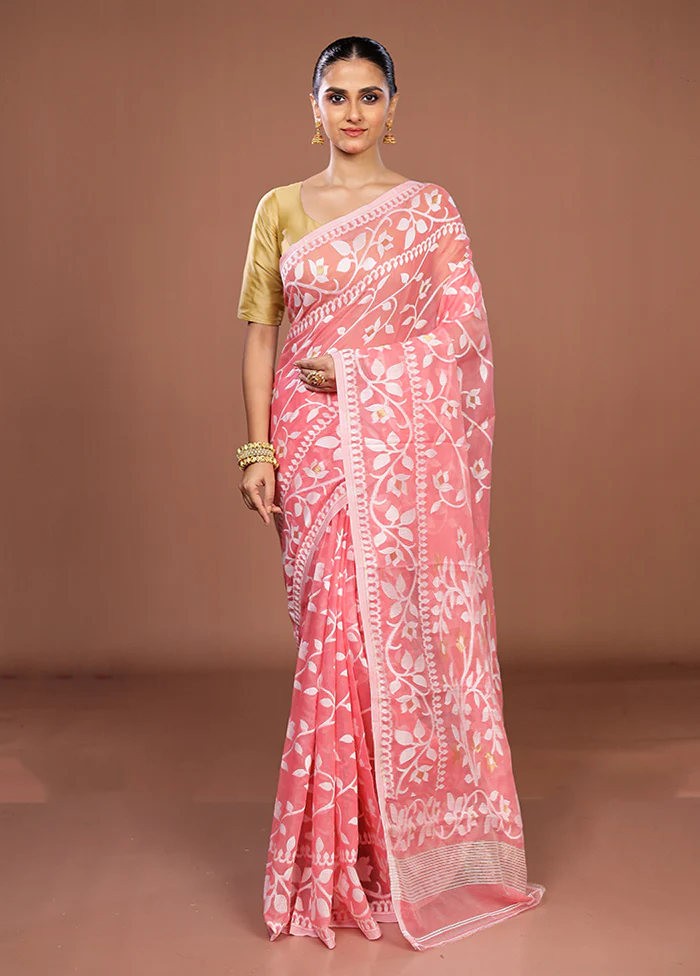 Pink Jamdani Cotton Saree Without Blouse Piece - Image 2