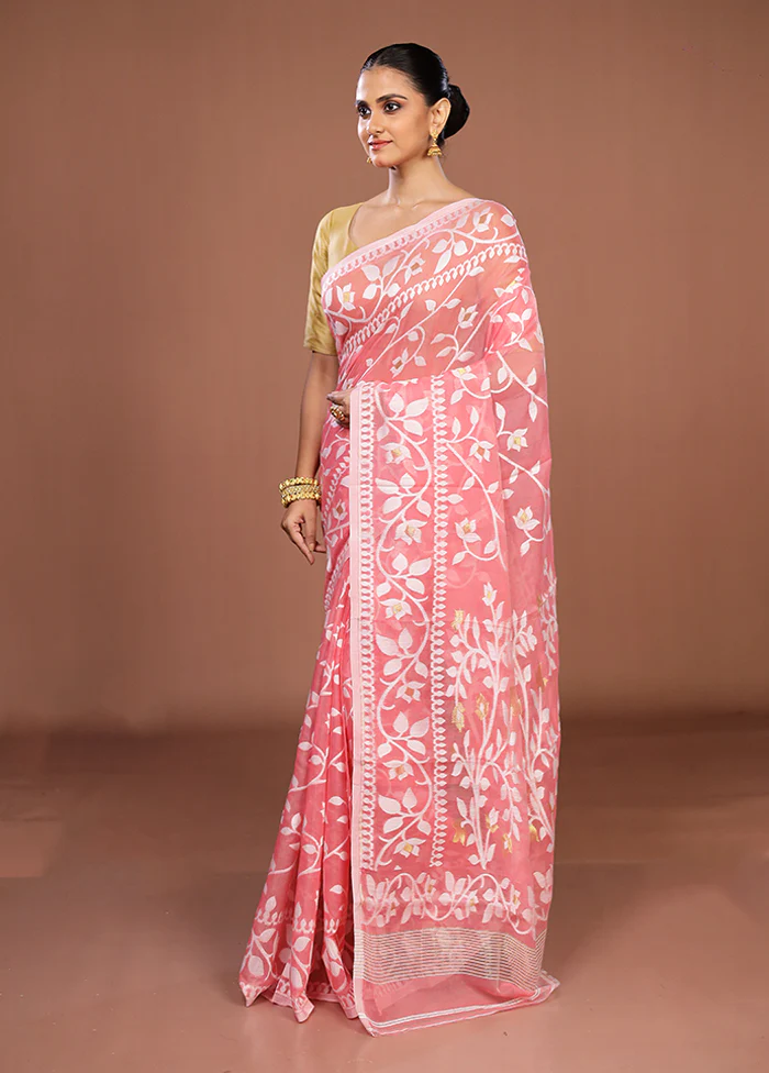 Pink Jamdani Cotton Saree Without Blouse Piece - Image 4