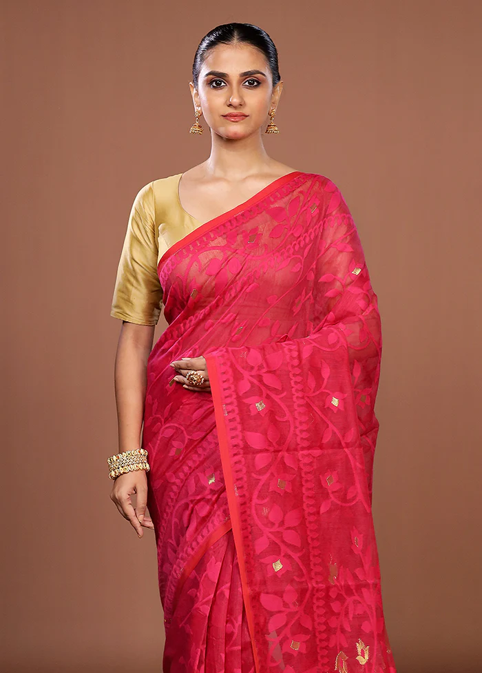 Pink Jamdani Cotton Saree Without Blouse Piece
