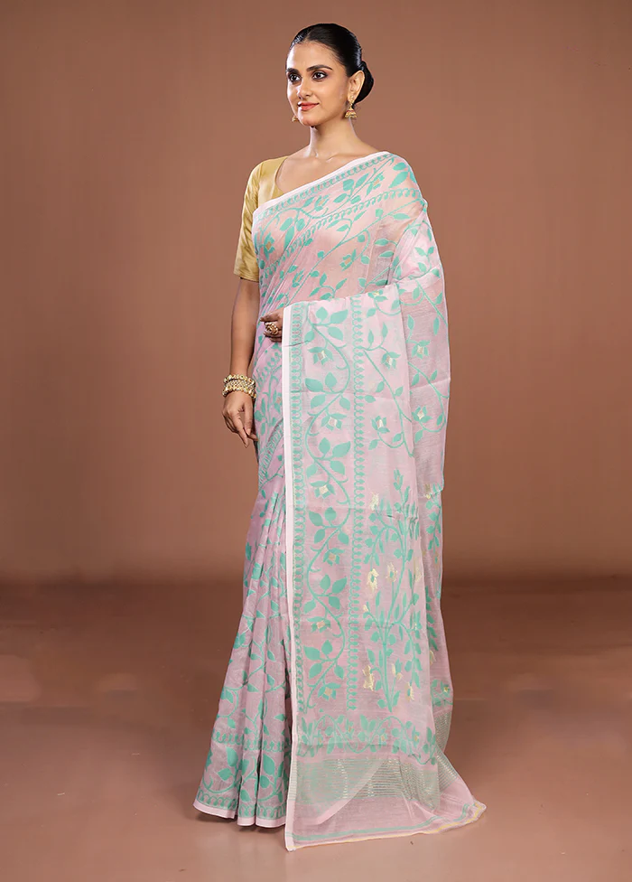 Pink Jamdani Cotton Saree Without Blouse Piece - Image 4