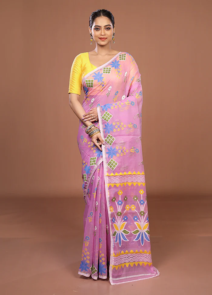 Pink Jamdani Cotton Saree Without Blouse Piece - Image 2