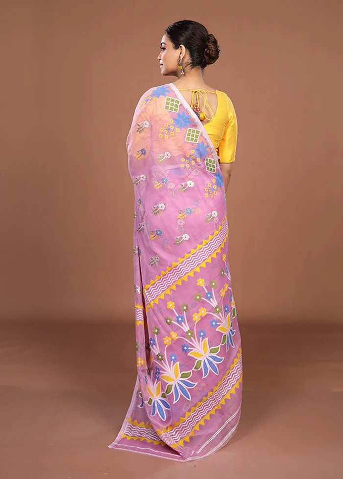 Pink Jamdani Cotton Saree Without Blouse Piece - Image 3