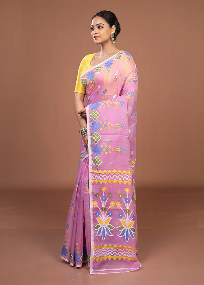 Pink Jamdani Cotton Saree Without Blouse Piece - Image 4