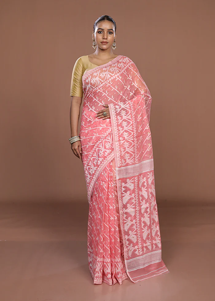 Pink Jamdani Cotton Saree Without Blouse Piece - Image 2