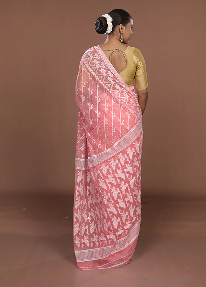Pink Jamdani Cotton Saree Without Blouse Piece - Image 3