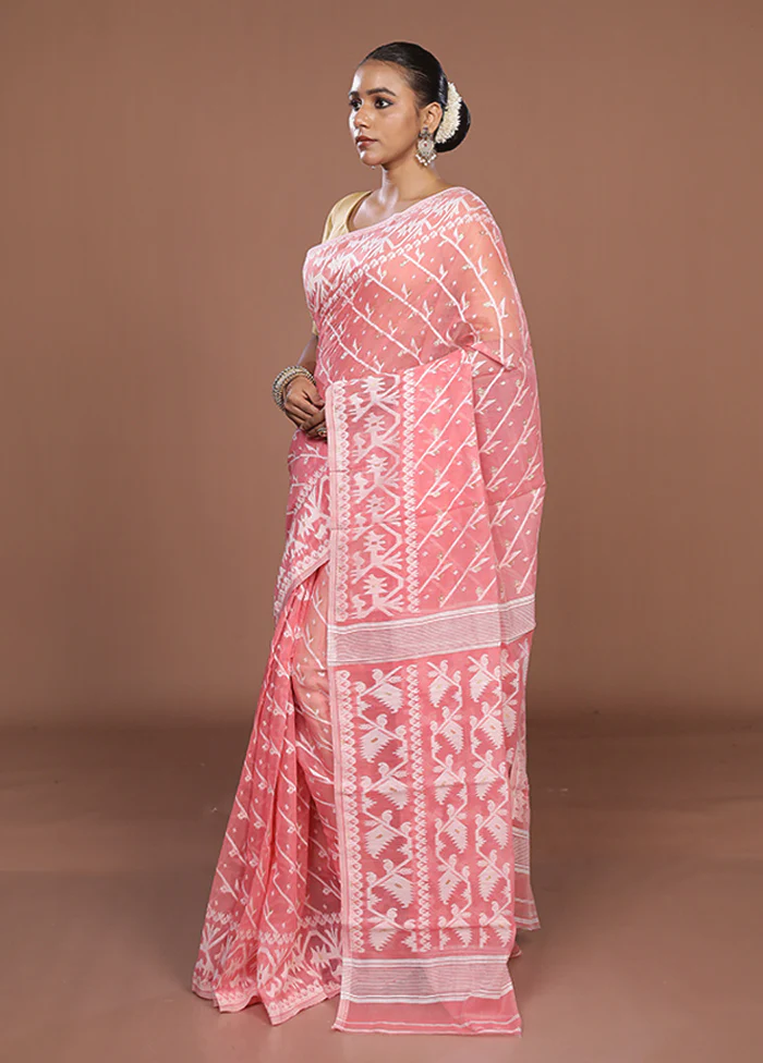 Pink Jamdani Cotton Saree Without Blouse Piece - Image 4