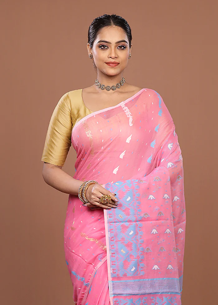 Pink Jamdani Cotton Saree Without Blouse Piece