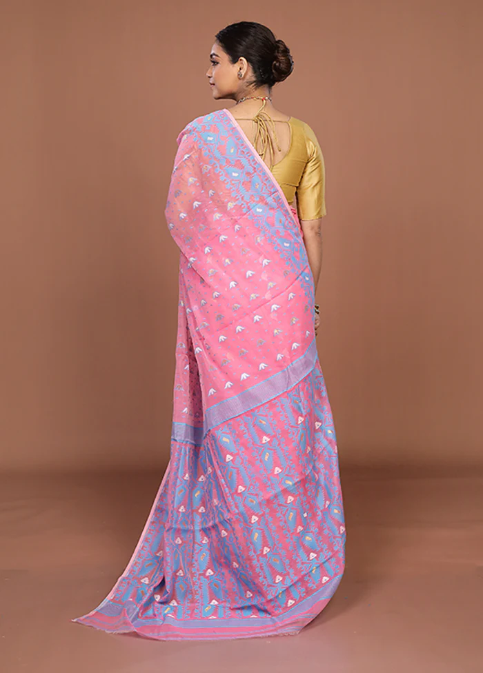 Pink Jamdani Cotton Saree Without Blouse Piece - Image 3