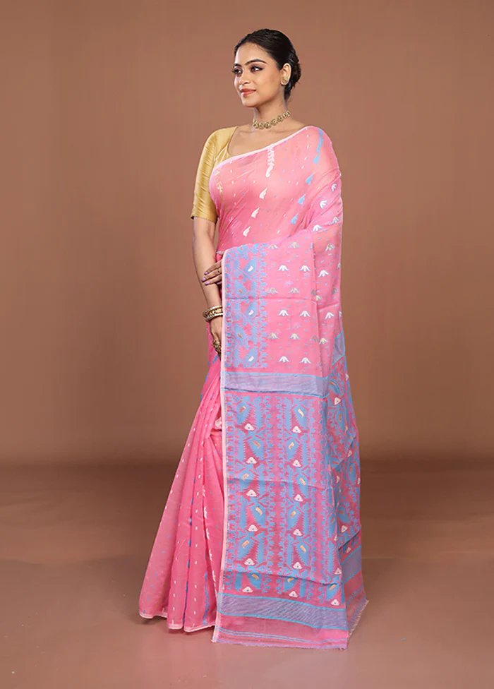 Pink Jamdani Cotton Saree Without Blouse Piece - Image 4