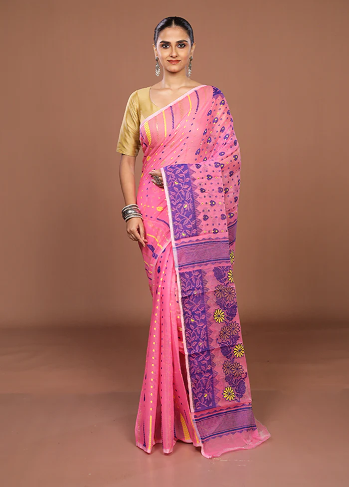Pink Jamdani Cotton Saree Without Blouse Piece - Image 2