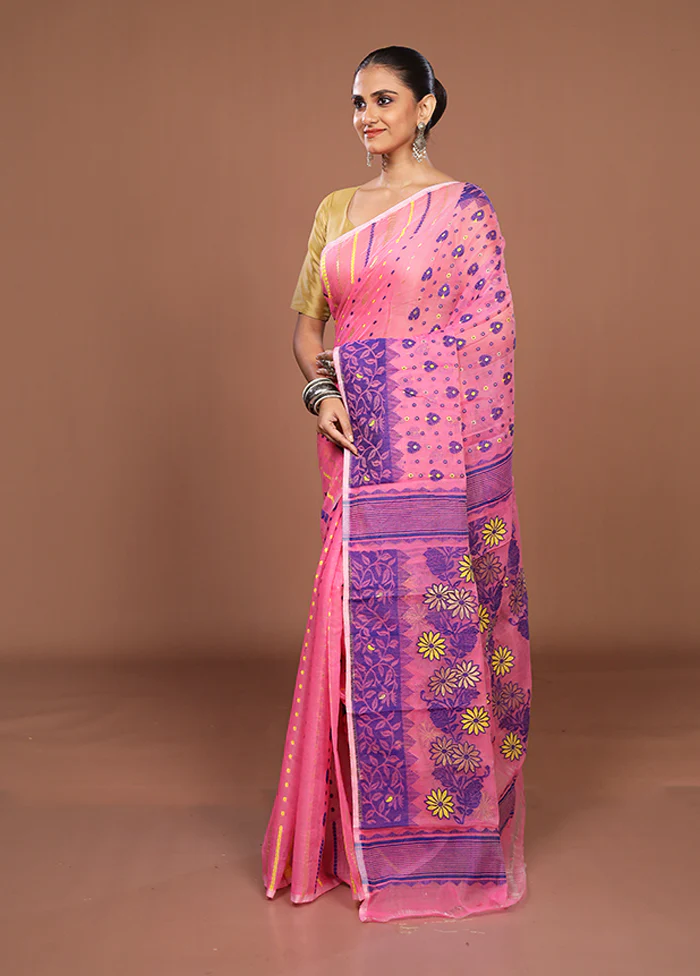 Pink Jamdani Cotton Saree Without Blouse Piece - Image 4