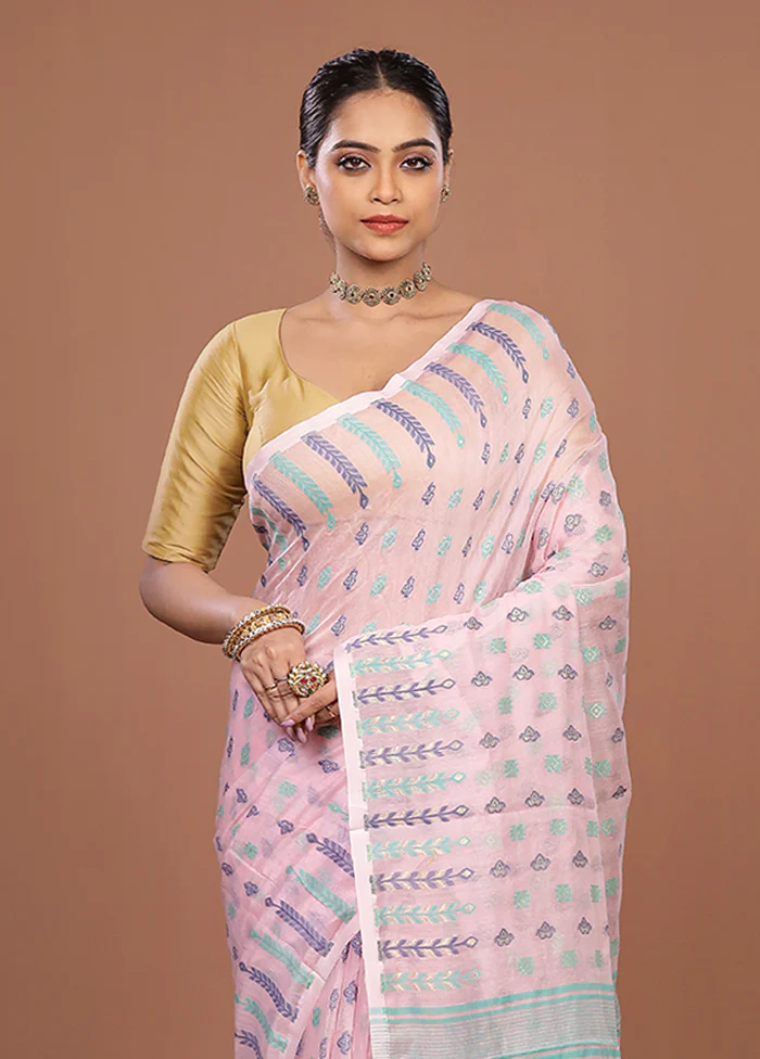 Pink Jamdani Cotton Saree Without Blouse Piece