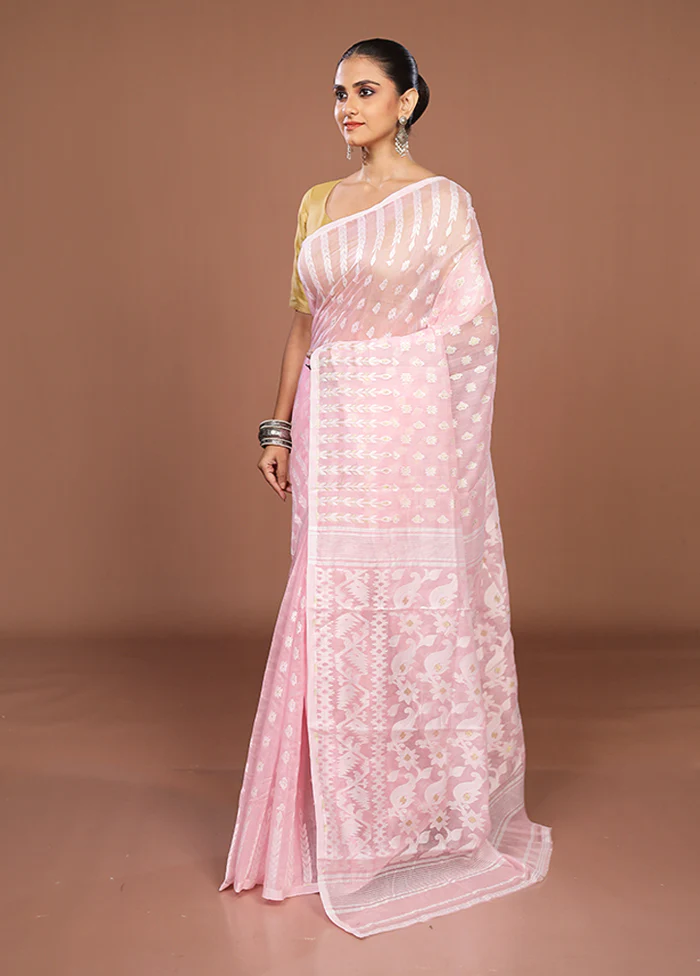 Pink Jamdani Cotton Saree Without Blouse Piece - Image 4