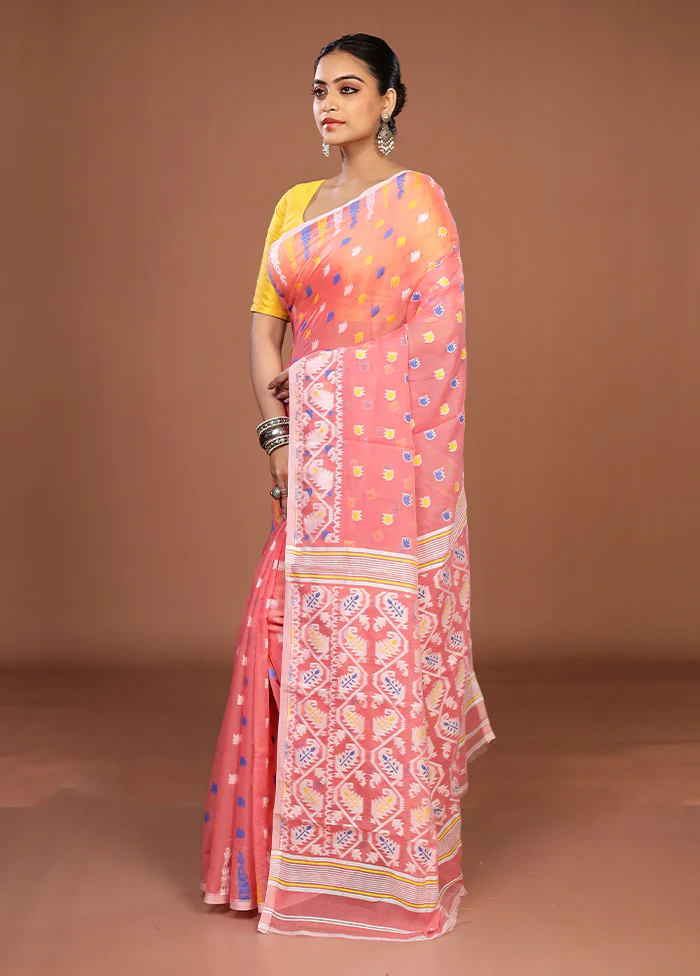 Pink Jamdani Cotton Saree Without Blouse Piece - Image 4
