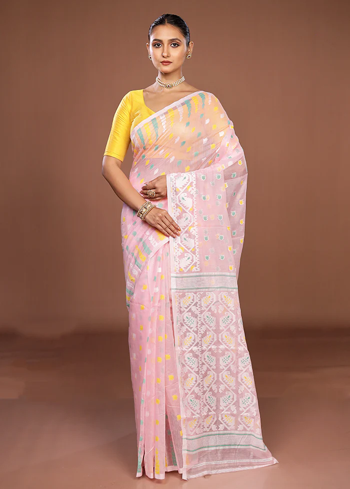 Pink Jamdani Cotton Saree Without Blouse Piece - Image 2