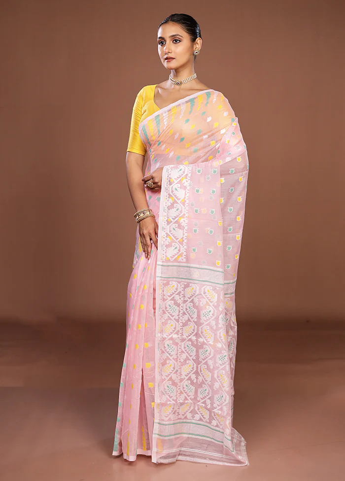 Pink Jamdani Cotton Saree Without Blouse Piece - Image 4