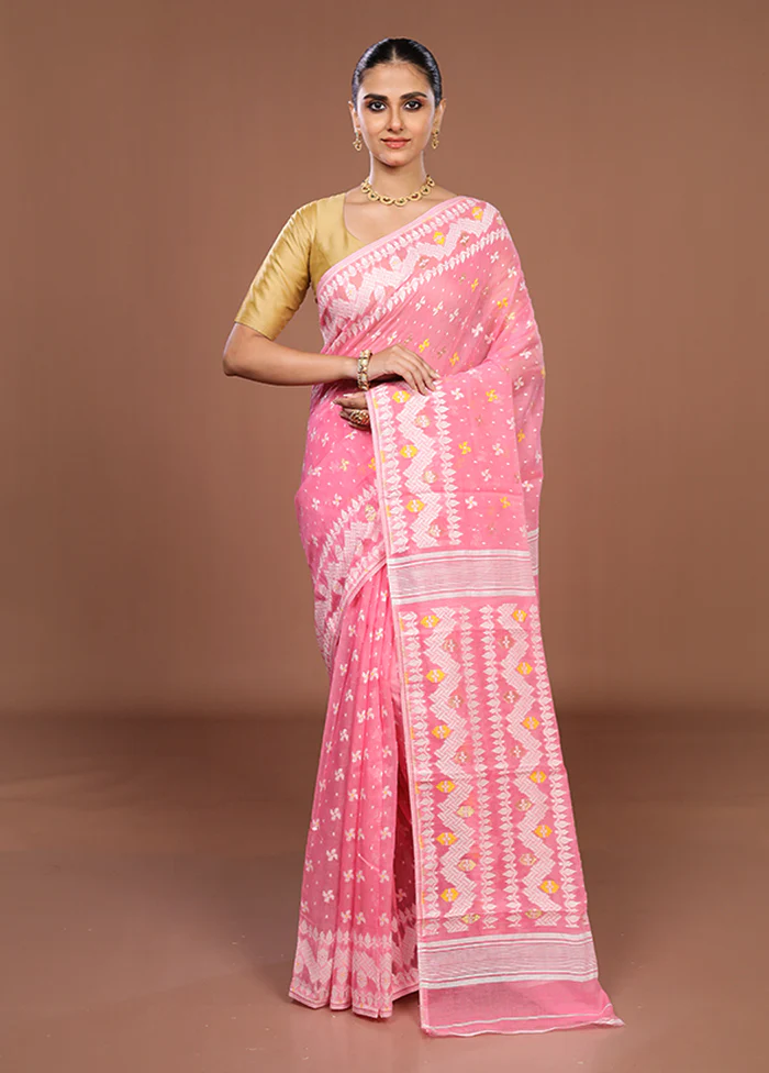Pink Jamdani Cotton Saree Without Blouse Piece - Image 2