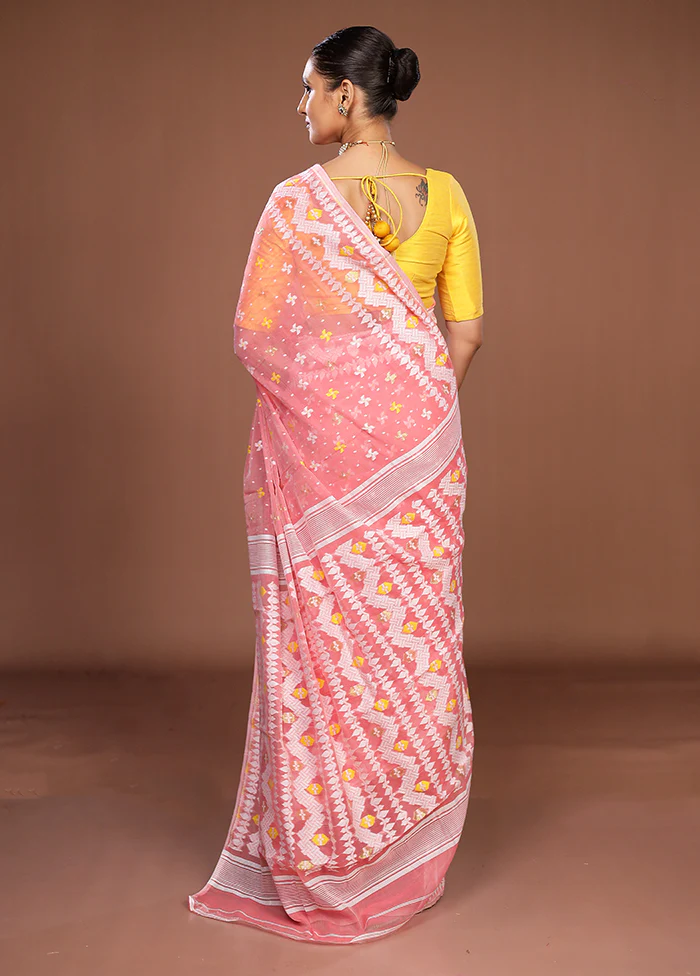 Pink Jamdani Cotton Saree Without Blouse Piece - Image 3