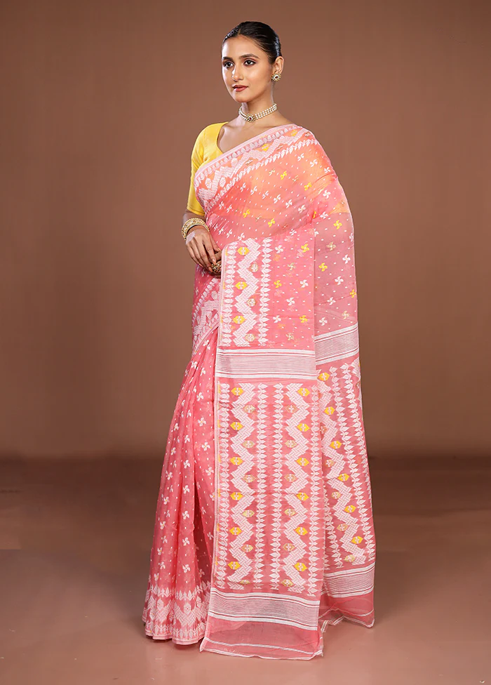 Pink Jamdani Cotton Saree Without Blouse Piece - Image 4