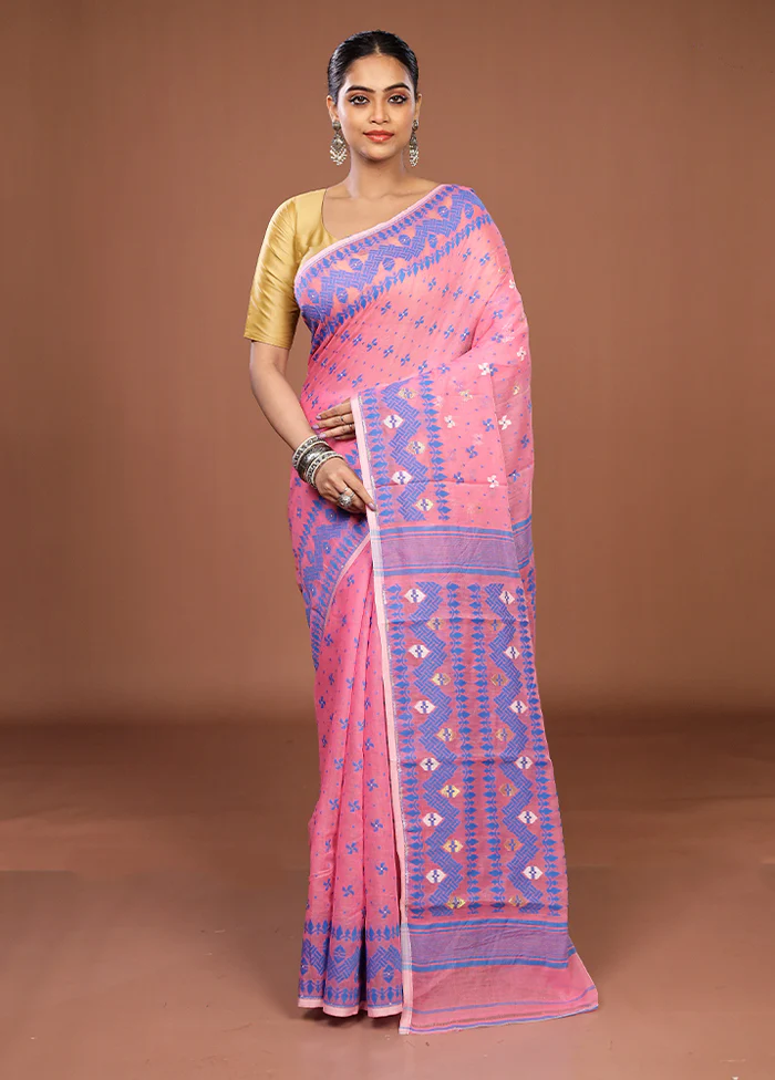 Pink Jamdani Cotton Saree Without Blouse Piece - Image 2