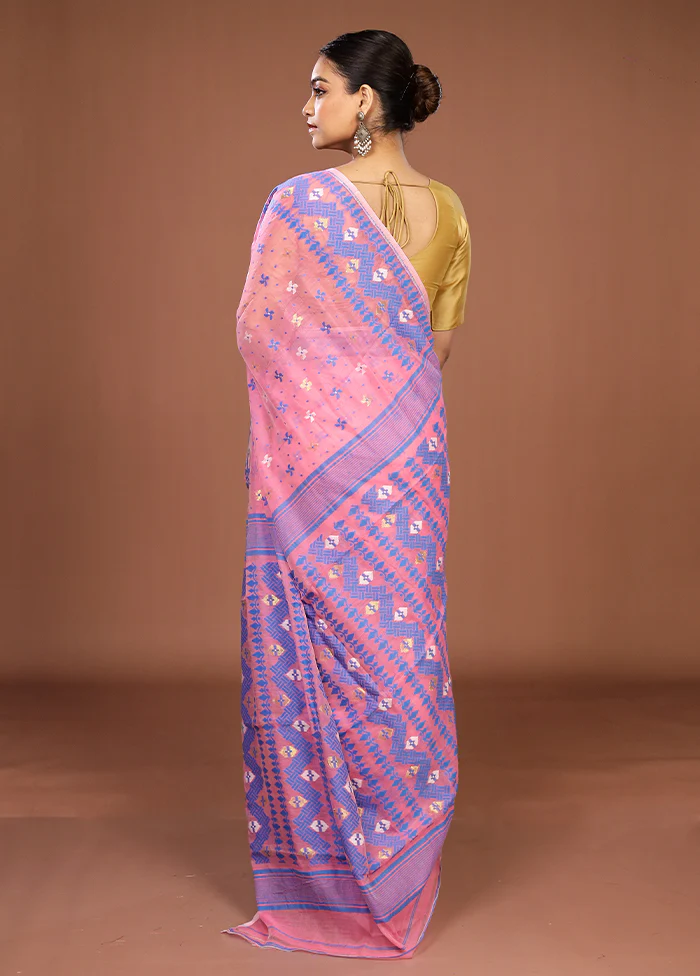 Pink Jamdani Cotton Saree Without Blouse Piece - Image 3