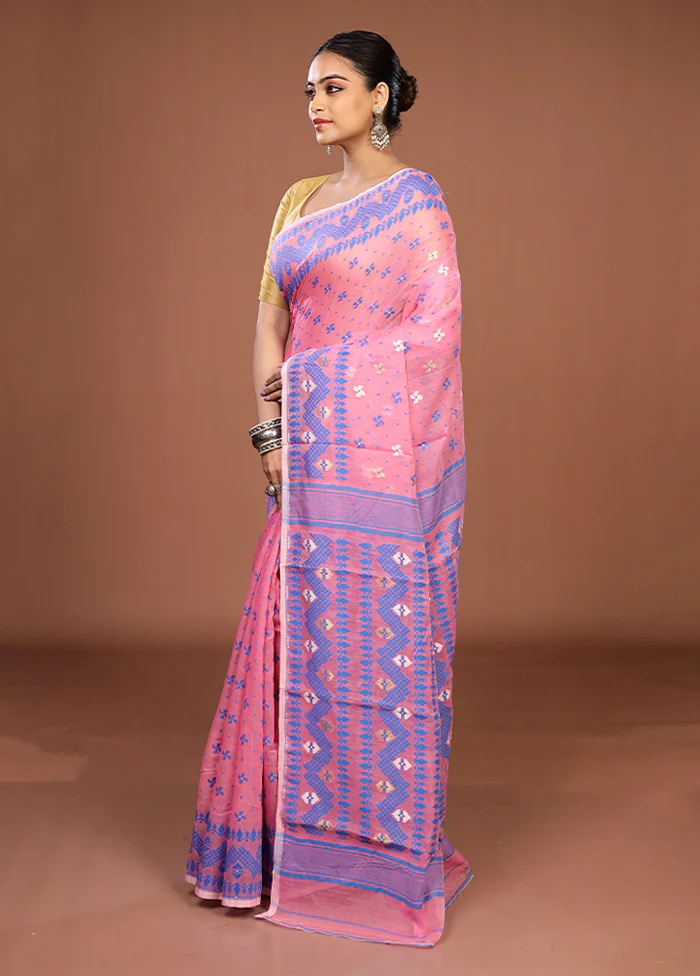 Pink Jamdani Cotton Saree Without Blouse Piece - Image 4