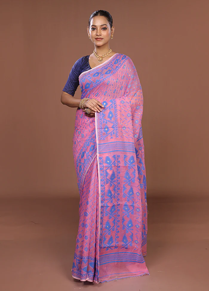 Pink Jamdani Cotton Saree Without Blouse Piece - Image 2
