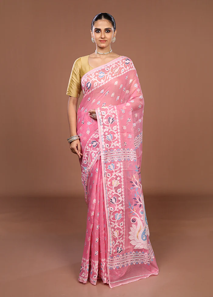 Pink Jamdani Cotton Saree Without Blouse Piece - Image 2