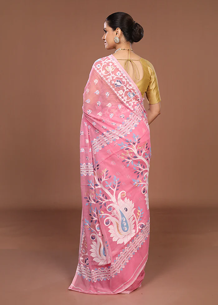Pink Jamdani Cotton Saree Without Blouse Piece - Image 3