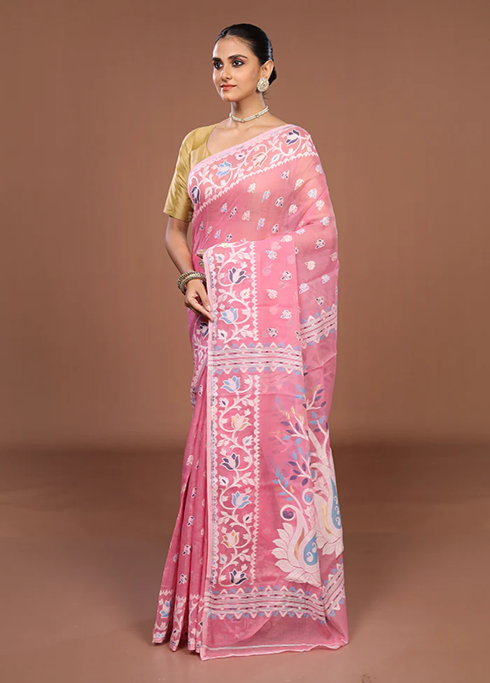 Pink Jamdani Cotton Saree Without Blouse Piece - Image 4