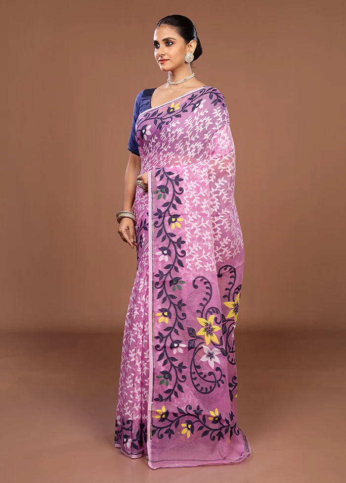 Pink Jamdani Cotton Saree Without Blouse Piece - Image 4