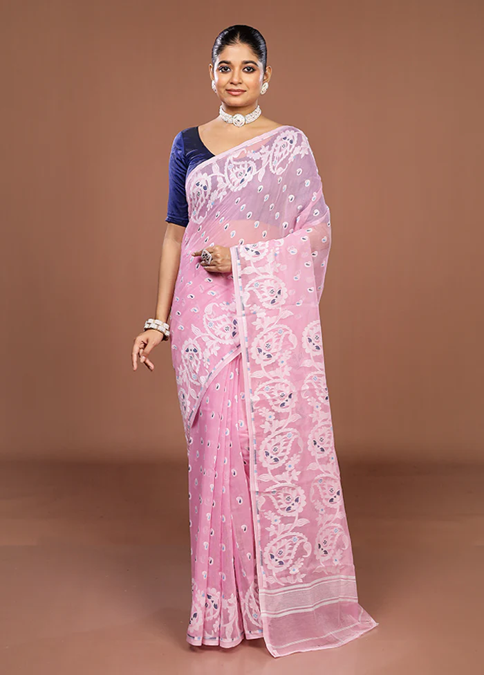 Pink Jamdani Cotton Saree Without Blouse Piece - Image 2