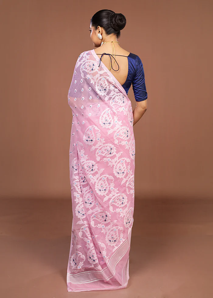 Pink Jamdani Cotton Saree Without Blouse Piece - Image 3