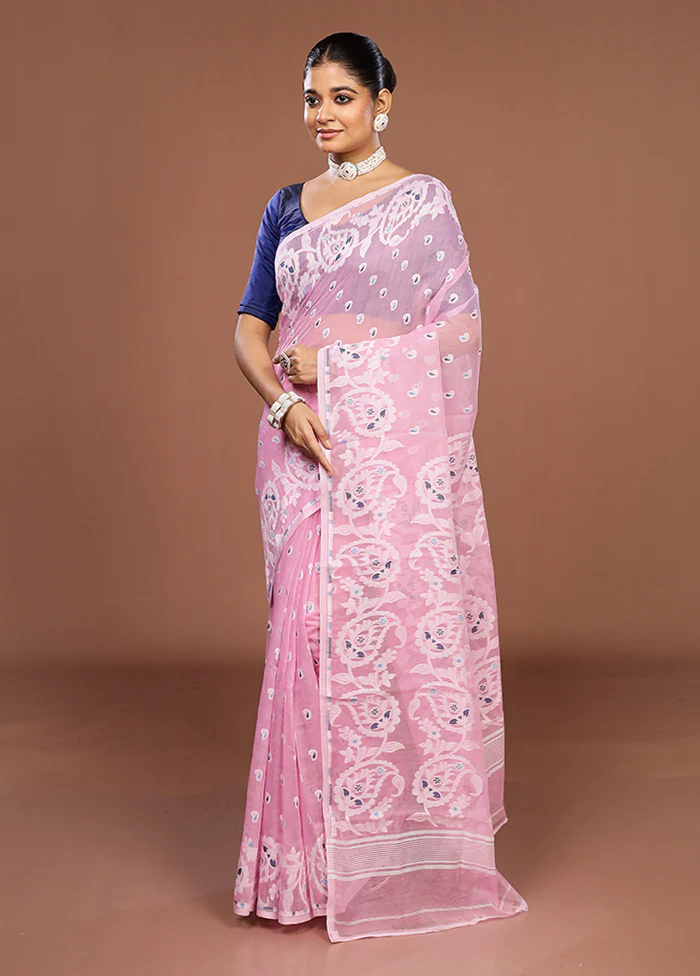 Pink Jamdani Cotton Saree Without Blouse Piece - Image 4