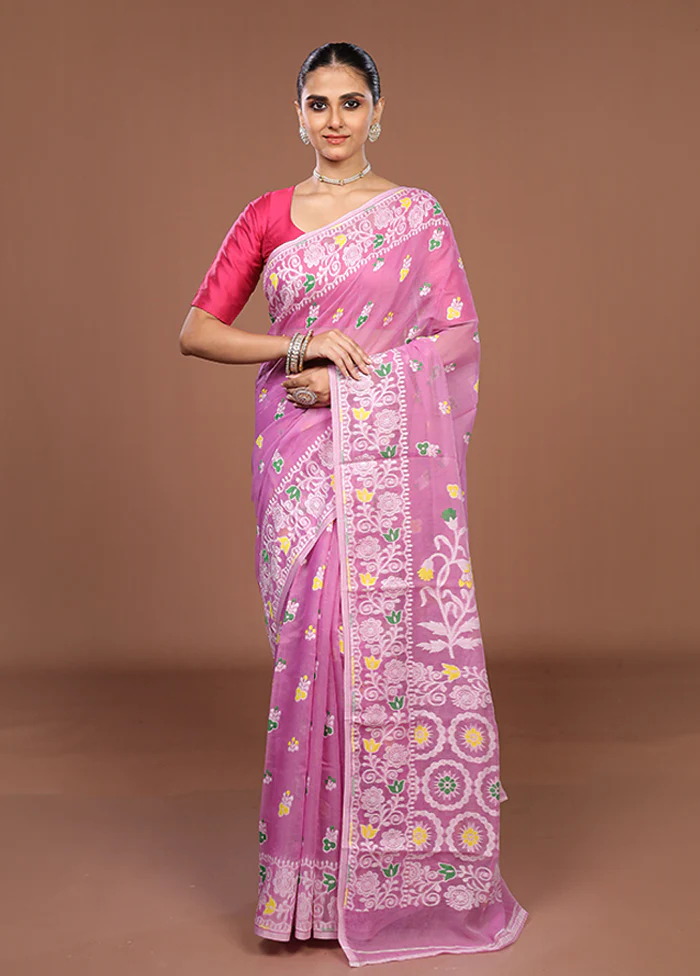 Pink Jamdani Cotton Saree Without Blouse Piece - Image 2