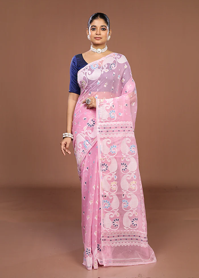 Pink Jamdani Cotton Saree Without Blouse Piece - Image 2