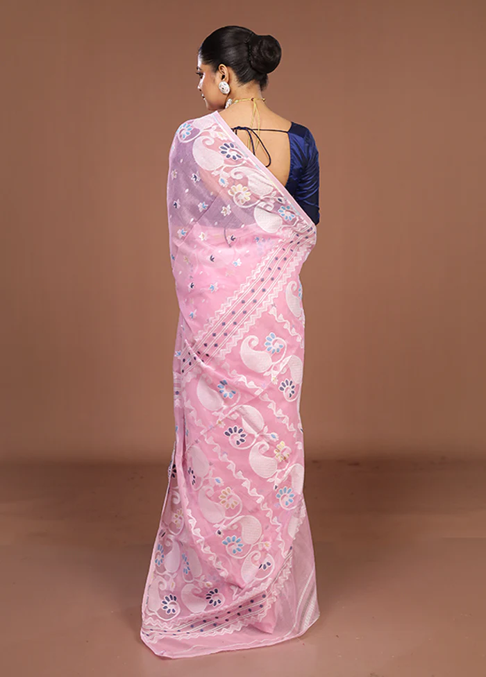 Pink Jamdani Cotton Saree Without Blouse Piece - Image 3