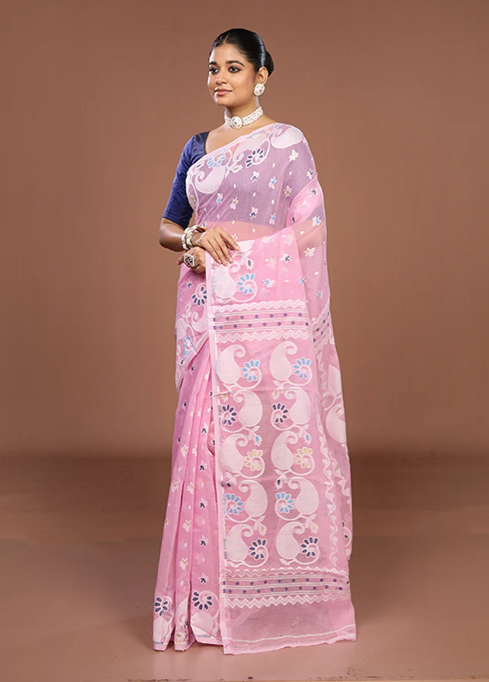 Pink Jamdani Cotton Saree Without Blouse Piece - Image 4